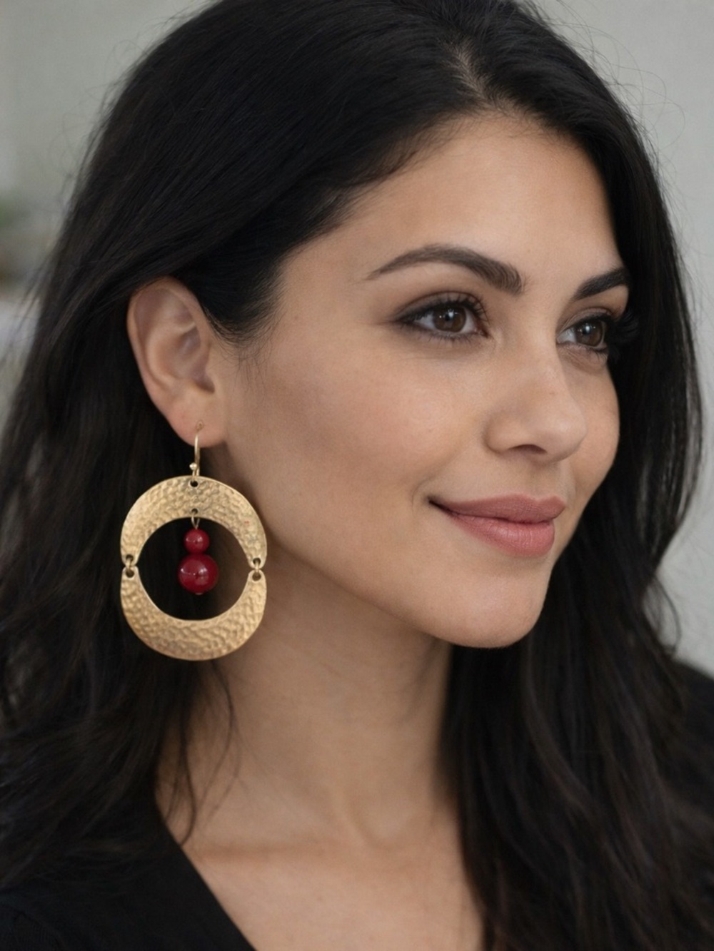 Hammered Gold Tone Statement Earrings Red Bead Drop Boho Chic Lightweight